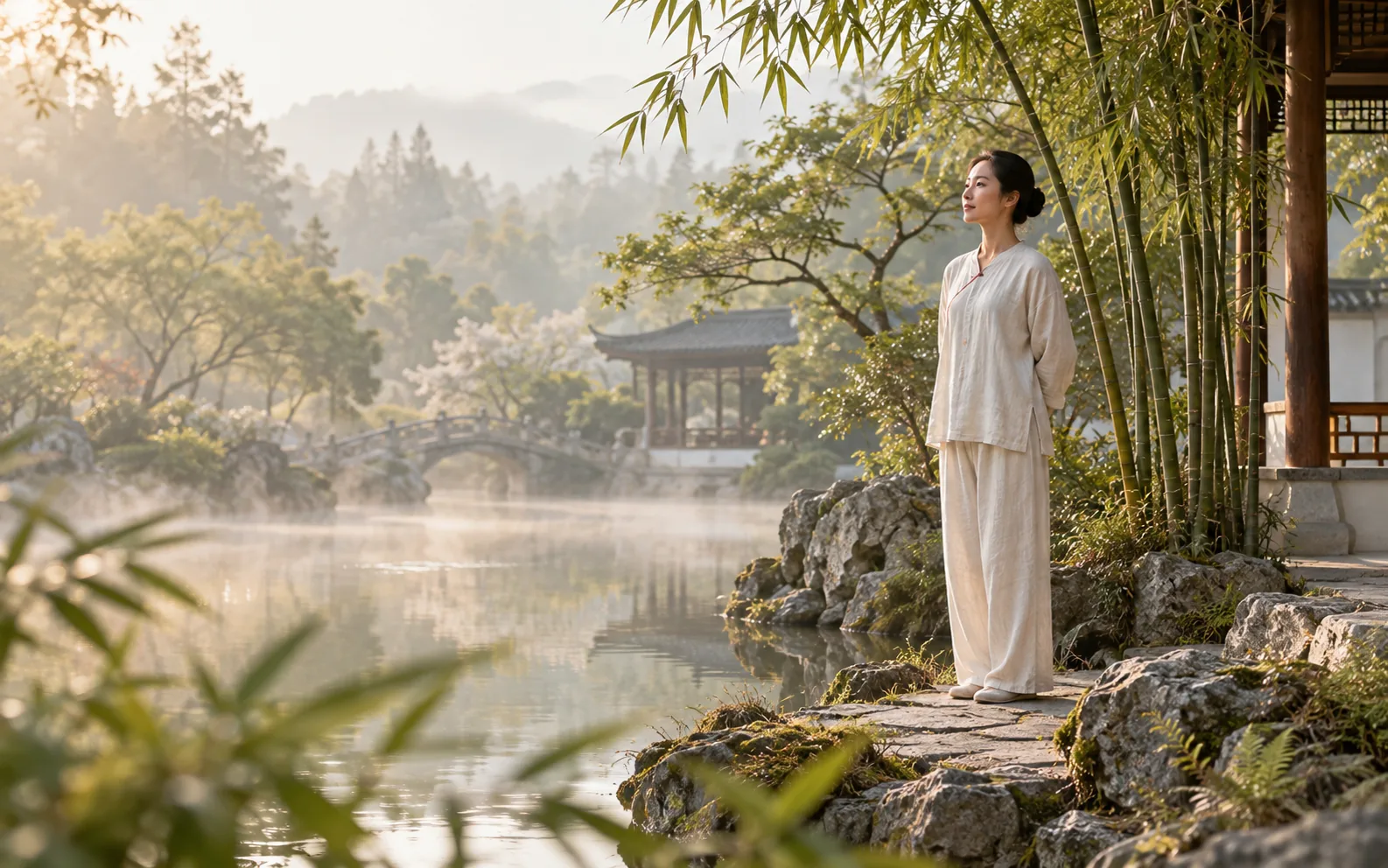 A quiet garden beside bamboo and water