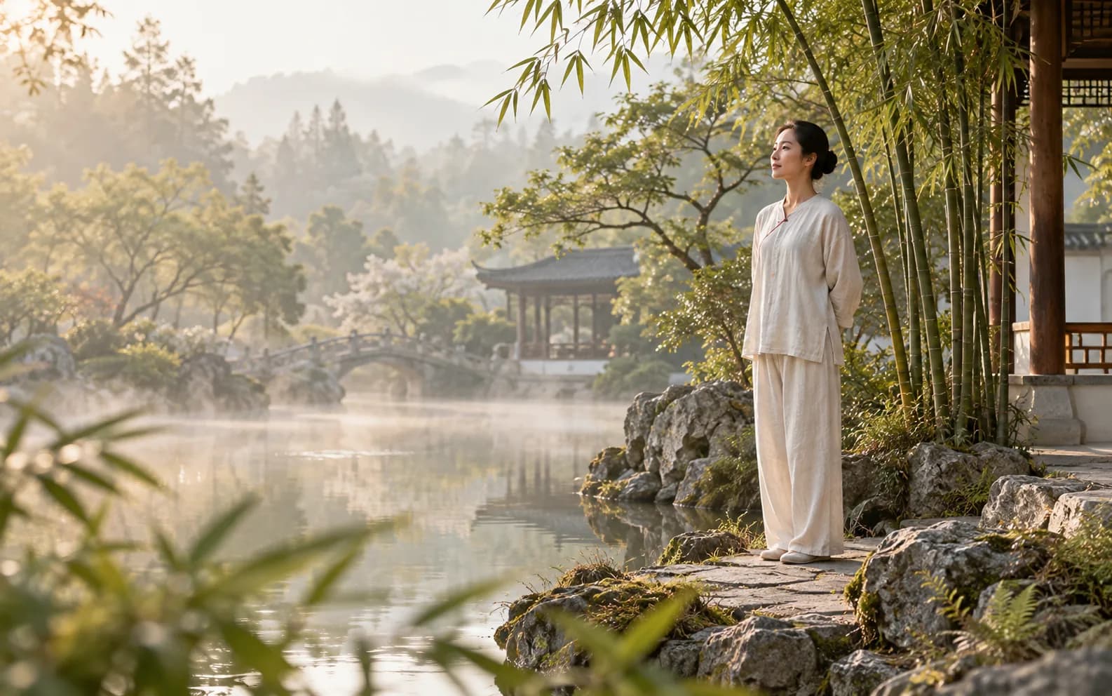 A quiet morning beside bamboo and water